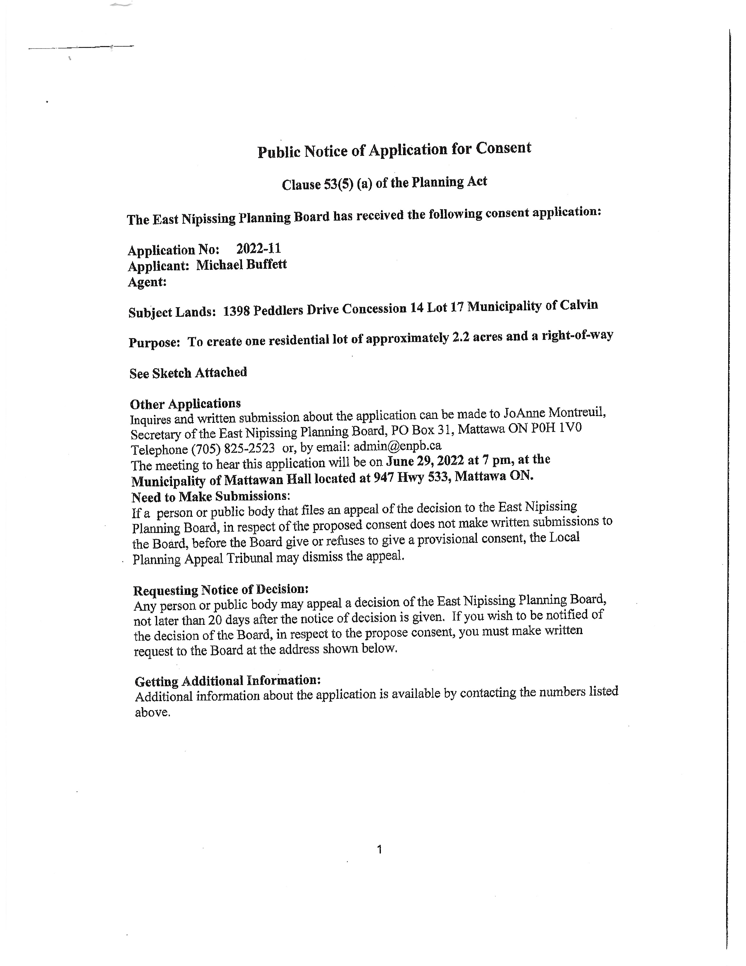 Public notice of application for consent from Michael Buffett (application number 2022-11)